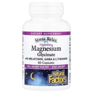 Natural Factors Stress-Relax Nighttime Magnesium Glycinate with GABA & L-Theanine – 60 Capsules