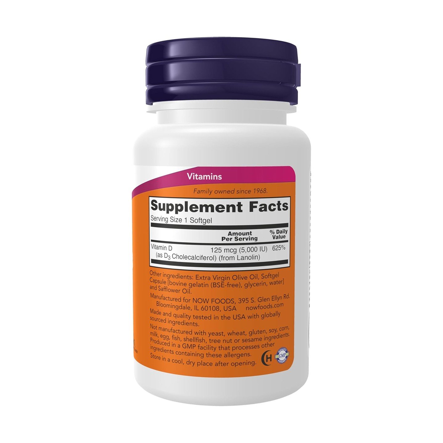 NOW Foods Vitamin D-3 High Potency 125 mcg (5,000 IU) – 120 Softgels - Image 2