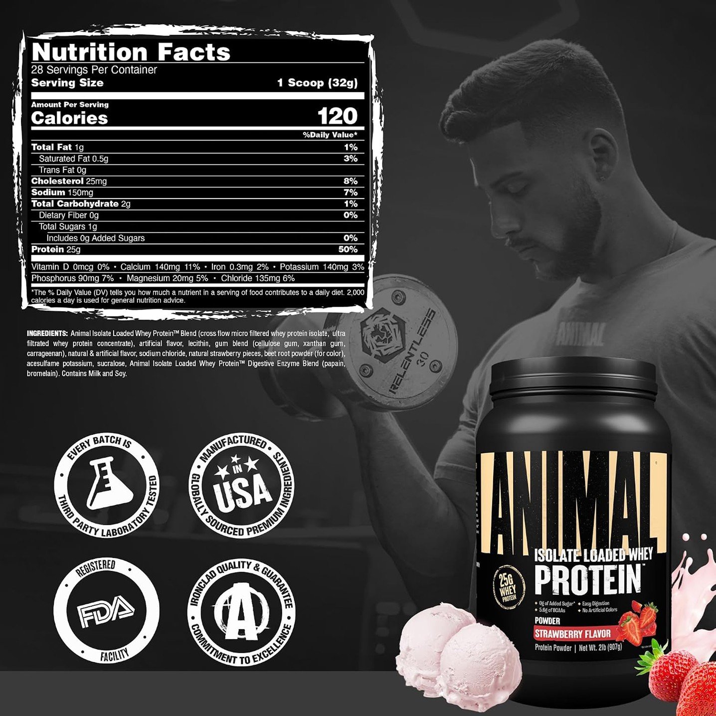 Animal Isolate Loaded Whey Protein Strawberry – 2 lb (907 g) - Image 2