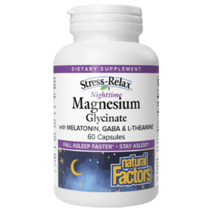 Natural Factors Nighttime Magnesium Glycinate with GABA & L-Theanine – 60 Capsules