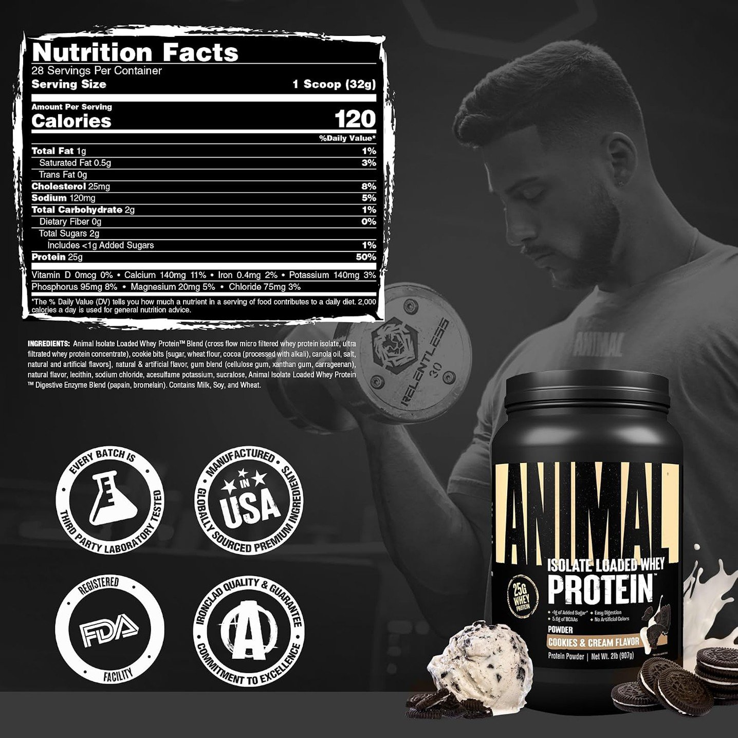Animal Isolate Loaded Whey Protein Cookies & Cream – 2 lb (907 g) - Image 2