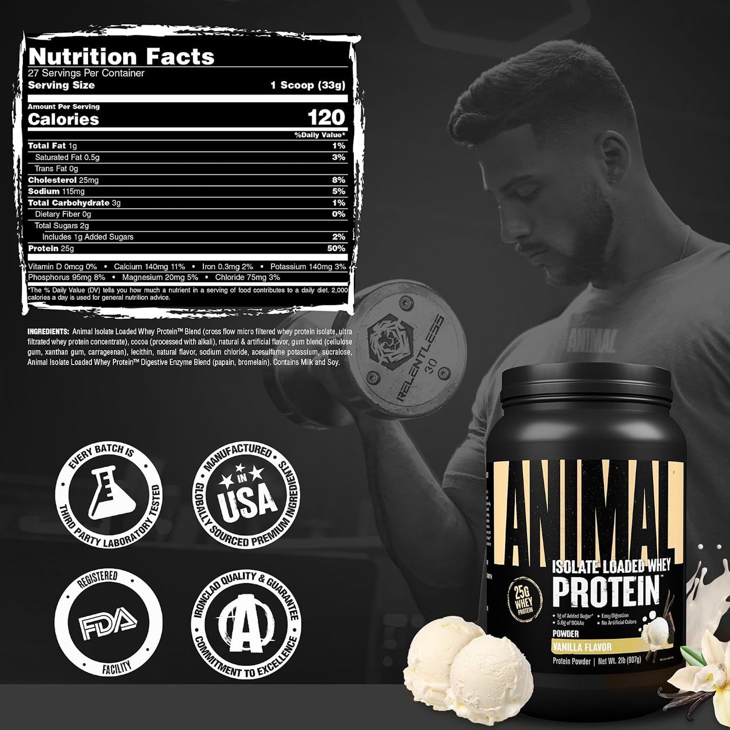 Animal Isolate Loaded Whey Protein Vanilla – 2 lb (907 g) - Image 2