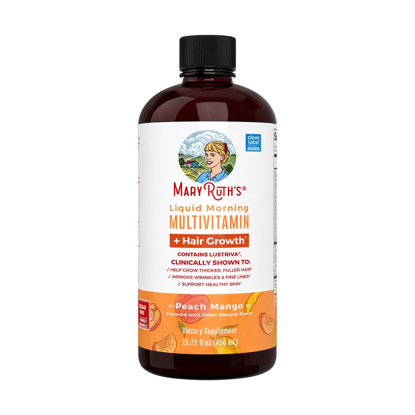 MaryRuth's Liquid Morning Multivitamin + Hair Growth Peach Mango – 15.22 fl oz (450 ml)